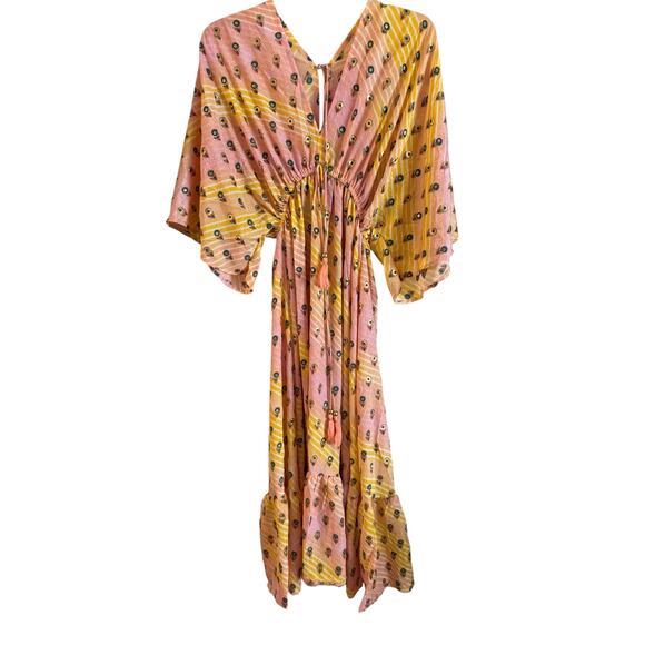 Zury Women’s Silk Blend Midi Dress Smocked Short Sleeve One Size Floral Yellow - Picture 1 of 6